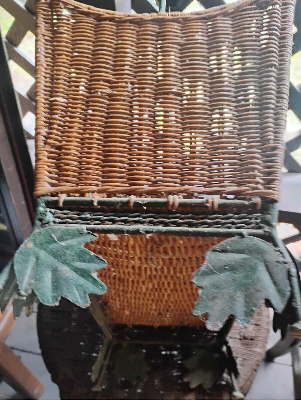 Vintage Wicker Basket with Metal Leaf Detail